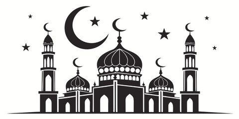 A serene night scene featuring a mosque with crescent moon and stars Vector © Sa