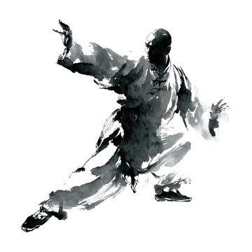 A Chinese brushstroke illustration of a Chinese warrior monk performing kung fu, isolated