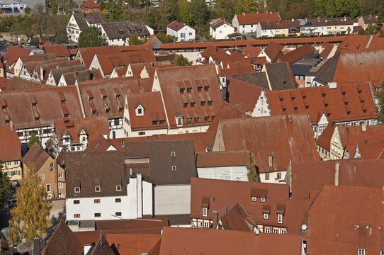 View from the 89, 5 m high tower, the Daniel, Protestant Parish Church of St. George, over the roofs of N&ouml;rdlingen, Donau-Ries, Bayrisch Swabia, Bavaria, Germany