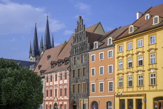 Historic houses on the main square and church towers of St. Nicholas and St. Elisabeth Church, Cheb, Karlovarsk&yacute; kraj, Czech Republic