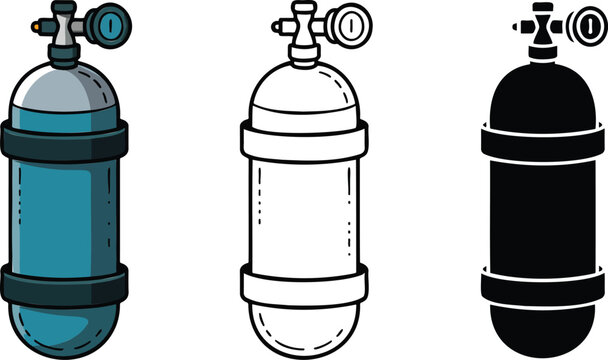 Scuba diving air tank silhouette & Outline and illustration set isolated on transparent background