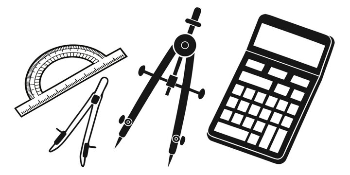 A collection of drafting tools and a calculator on a white background Vector