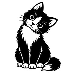 Cute Tuxedo Cat Sitting With Tilted Head, Adorable Pet Illustration, Playful Kitten Character, Bold Black And White Silhouette Graphic © VisuaLabArt
