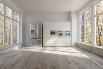 Fototapeta premium Modern kitchen area features stainless steel appliances and expansive windows overlooking an autumn scene