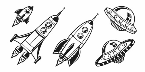 A collection of various vintage space rockets and flying saucers Vector © Sa