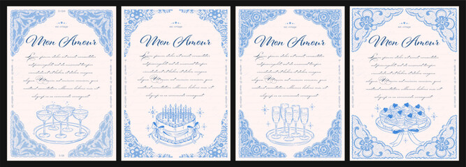 Vintage coquette blue lace cards set with elegant wedding elements birthday cake champagne cupcakes on retro paper background. © Alina Kolyuka