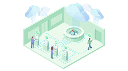 Obraz premium Isometric Smart Hospital Lobby with Cloud Computing, Digital Self-Service Kiosks, and SaaS Healthcare Technology Vector Illustration