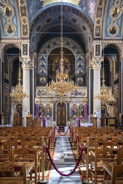 Cathedral of the Annunciation, Greek Orthodox Church, altar and rows of chairs, decorated interior, Athens, Greece