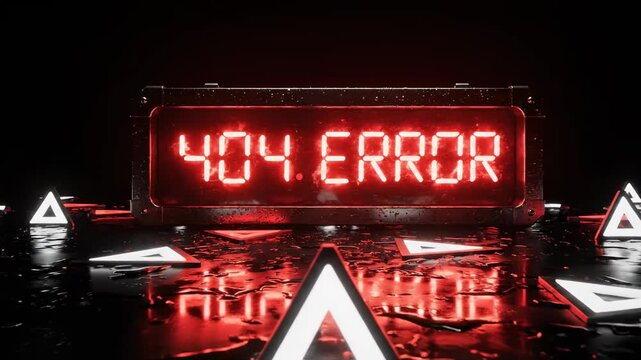 Digital Failure Alert: Red 404 error message displayed on a screen with glowing warning triangles, symbolizing network outage or data loss concepts.