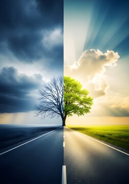 A tree stands on a road dividing a dark stormy landscape from a bright sunny one
