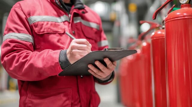 Safety Officer Conducting Fire Extinguishers Inspection and Compliance Check in Industrial Warehouse