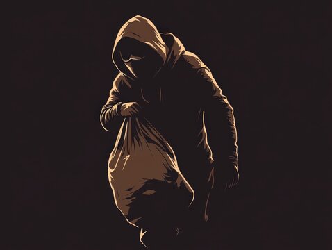 Silhouette of a hooded figure carrying a sack.