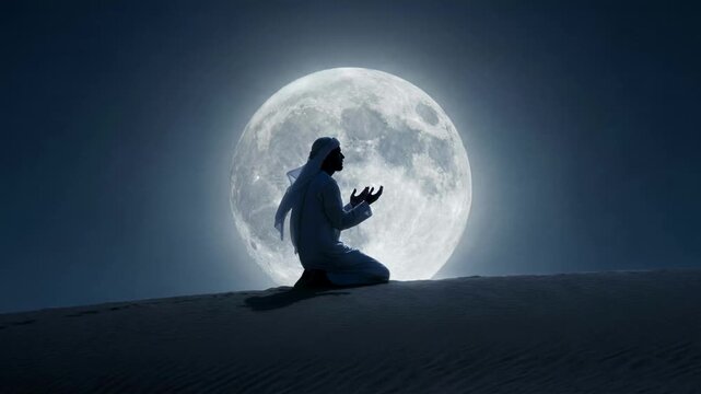 Silhouette of a Muslim man praying on a sand dune against a massive full moon at night, depicting spiritual connection, Islamic faith, Ramadan and mysterious peaceful night solitude