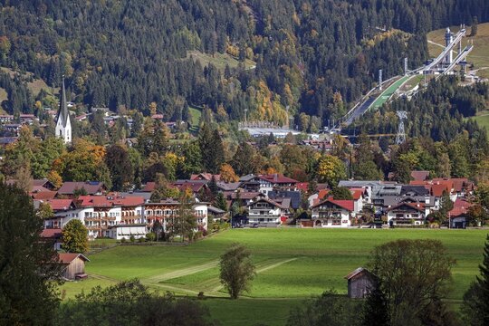 View of Oberstdorf, World Cup Ski Jumping Arena at the back, Oberallg&auml;u, Allg&auml;u, Bavaria, Germany