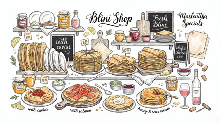 Large Hand Drawn Masnytsia Shop Menu Collection with Pancakes Toppings Honey and Wine Set