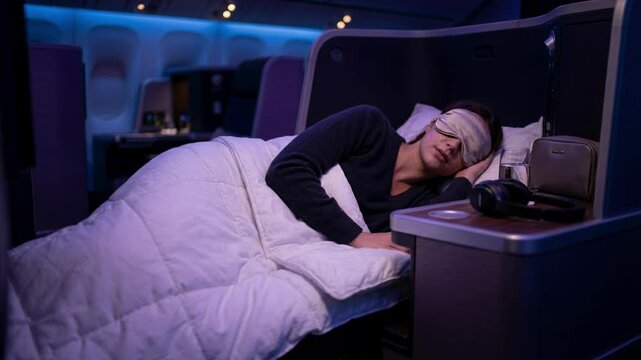 Young woman in a sleep mask sleeps peacefully under a white duvet in a business class seat during a night flight, illustrating comfort, luxury travel and quality rest on the go