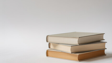 Fototapeta premium Minimalist stack of three closed hardcover books in beige and neutral tones on light background. Clean, simple composition, soft aesthetic. Perfect for education, reading, library, interior design, mo