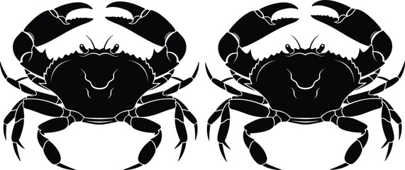 Black vector silhouette set of two large edible crabs with sharp claws for seafood restaurant branding marine biology education and coastal kitchen menu design © Ariful