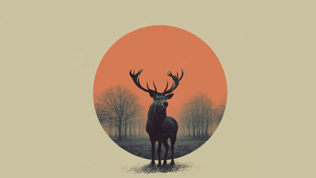 Minimal Deer Silhouette Inside Soft Sunset Circle