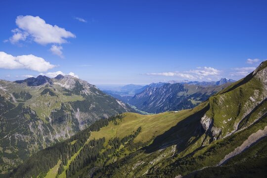 View from the Rappensee Hut into the Stillachtal valley as far as Oberstdorf, Allg&auml;u Alps, Allg&auml;u, Bavaria, Germany