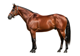 Fototapeta premium A muscular chestnut horse, full-body studio side view, gleaming coat and dark mane, standing gracefully against a transparent background with ample copy space. Concept of majestic equine beauty