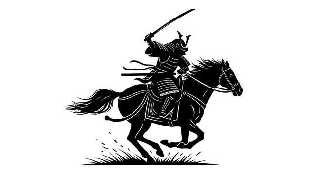 Dynamic Samurai Warrior on Horseback in Action Pose.