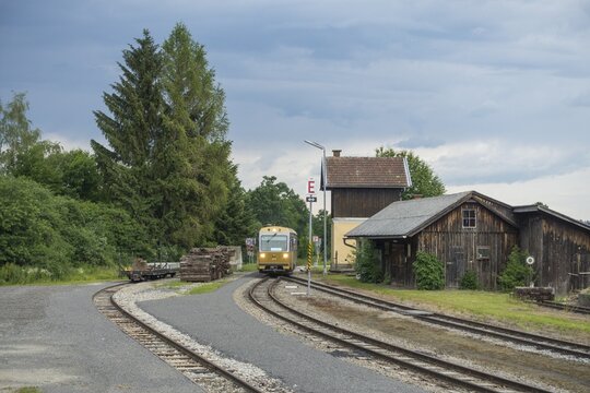 Modern railcar of the narrow gauge railway enters the station, Weitra, Lower Austria, Austria
