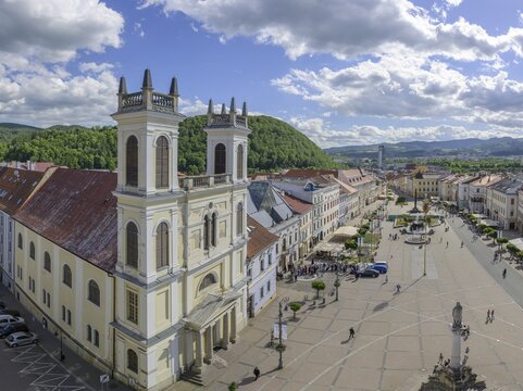 View of the Cathedral of St. Francis Xavier and the main square from the clock tower, Bansk&aacute; Bystrica, Banskobystrick&yacute; kraj, Slovakia