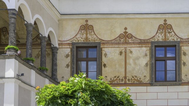 House detail with beautiful loggia on the main square of, Bansk&aacute; Bystrica, Banskobystrick&yacute; kraj, Slovakia