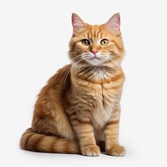 Obraz premium An orange tabby cat sits upright on a plain white background. The cat has stripes on its fur and bright yellow eyes. It looks directly at the viewer, showing a relaxed posture