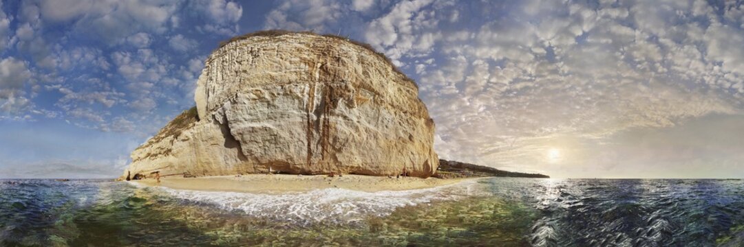 360&deg; panorama with the small sandy beach Mare di Tropea below the mighty sandstone rock of the church Santuario di Santa Maria at low sun, Tropea, Vibo Valentia, Calabria, Southern Italy, Italy