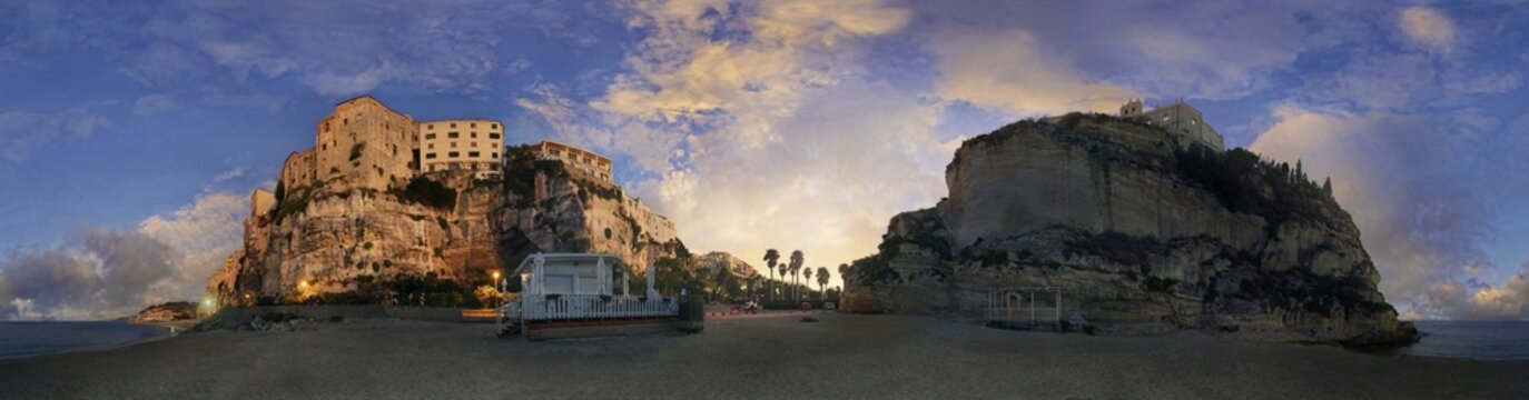 Evening 360&deg; panorama at Mare Piccolo beach with the medieval old town of Tropea perched on rocks of sandstone with the church Santuario di Santa Maria, Tropea, Vibo Valentia, Calabria, Southern Italy, Italy