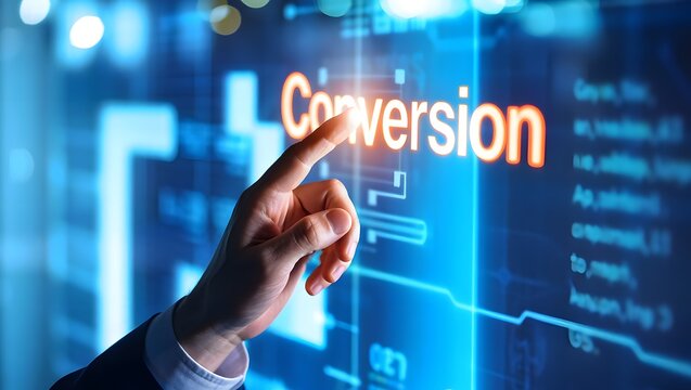 A hand in a business suit interacting with a digital conversion interface on a futuristic screen