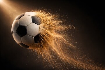 Fototapeta premium Soccer ball kicking up golden dust in dramatic dark background for sports action and energy concept