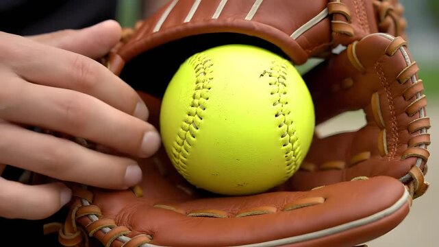 Close-up of a hand holding a softball in a brown leather baseball glove with a blurred background.