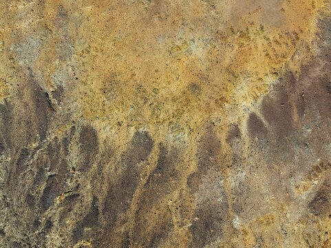 Extremely mineral-rich ground in the area of the Rio Tinto mines, aerial view, drone shot, Huelva province, Andalusia, Spain