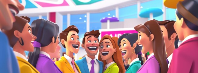 Fototapeta premium A joyful team celebrates together, showing unity, shared success, and strong workplace bonds. Animated characters highlight the power of positive culture.