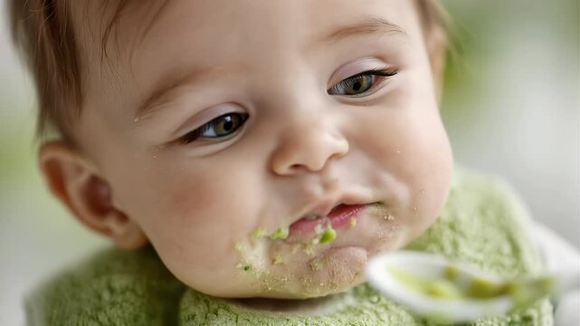 Close up baby eating green vegetable puree from spoon messy face and curious eyes in soft daylight