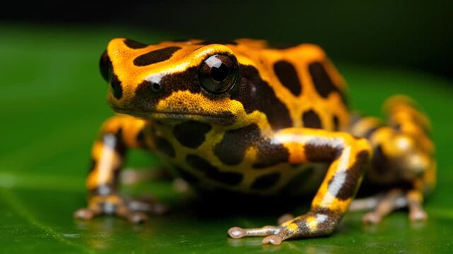 Vibrant yellow and black poison dart frog on green leaf