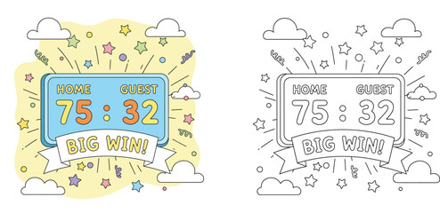 Basketball Sports Scoreboard Illustration with Big Win Banner and Coloring Page Version for Kids. Home 75 and Guest 32 Game Victory Concept with Stars, Confetti and Clouds.