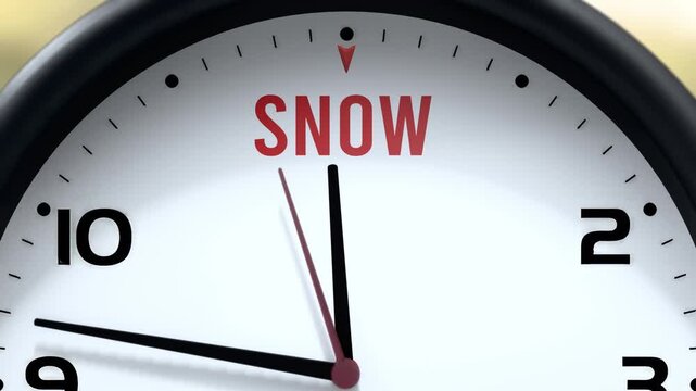 Snow that is going to happen soon. Upcoming snow, approaching in the near future. Snow almost here, in a short time - a clock symbolizes a reminder that snow is near, will be here in a little while.