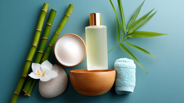Spa arrangement featuring bamboo, essential oil bottle, ceramic bowls, stones, and a towel on a teal background for relaxation and wellness themes