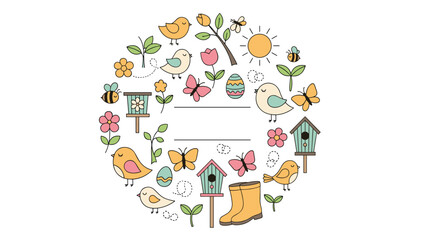 Fototapeta premium Delightful circular frame design adorned with charming spring and Easter elements including cute birds, colorful flowers, butterflies, and decorated eggs.