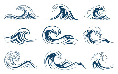 Fototapeta premium Ocean Wave Set Navy Blue Vector Illustration