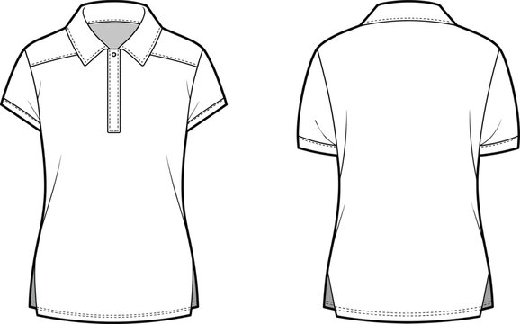 Women polo t shirt technical drawing, front and back view apparel template, casual clothing garment outline vector illustration for fashion design