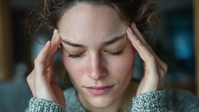 Young woman pressing temples with fingertips, eyes closed, tension headache linked to anxiety concept