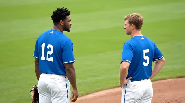 Two baseball players wearing blue jerseys with numbers 12 and 5 standing on a baseball field with green grass and a dirt infield.