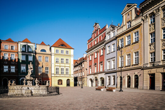  Proserpina Fountain and Colorful Historic Houses in Old Market Square, Poznan.