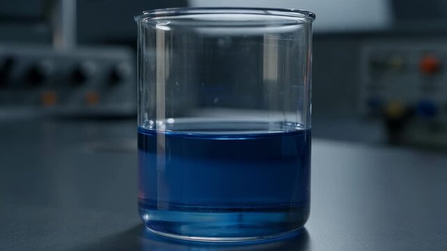 Blue liquid gradually evaporating in laboratory beaker on dark surface in sequential frames