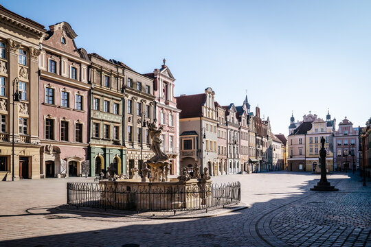 Proserpina Fountain and Colorful Historic Houses in Old Market Square, Poznan.